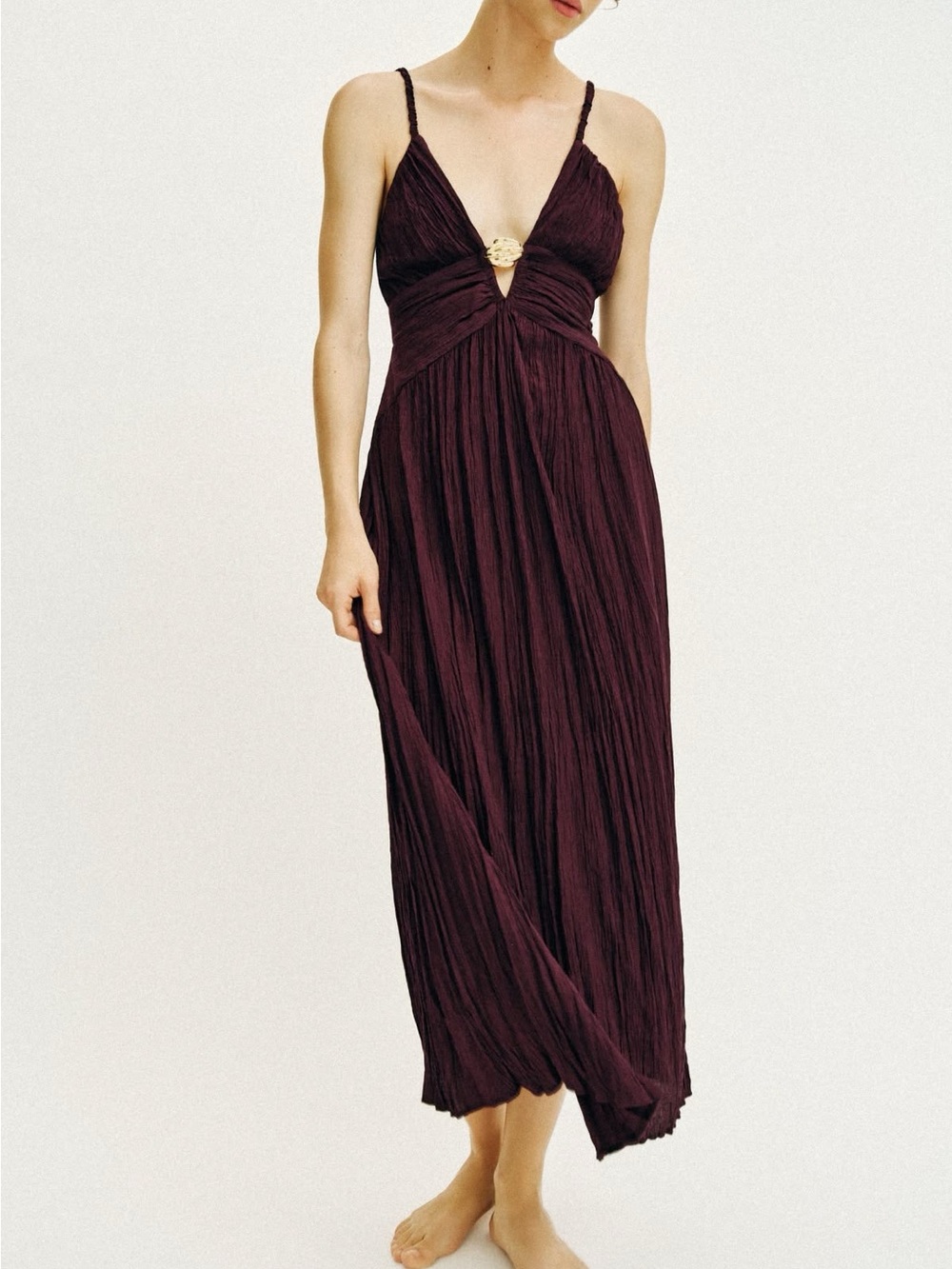 ZARA BNWT GOLD-TONE HARDWARE MIDI DRESS. BURGUNDY 3897/117/681